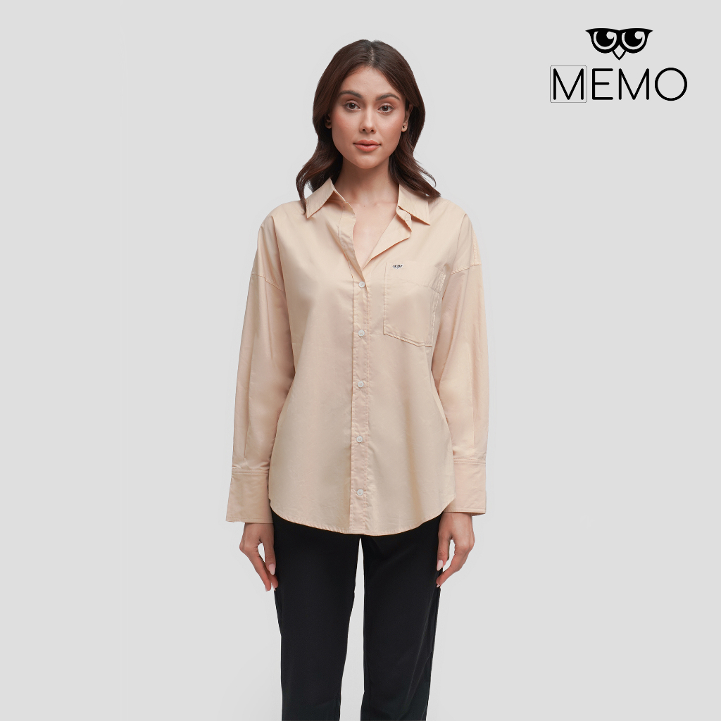 Memo Long Sleeve Shirt For Women (Khaki/Light Blue) Shopee Philippines