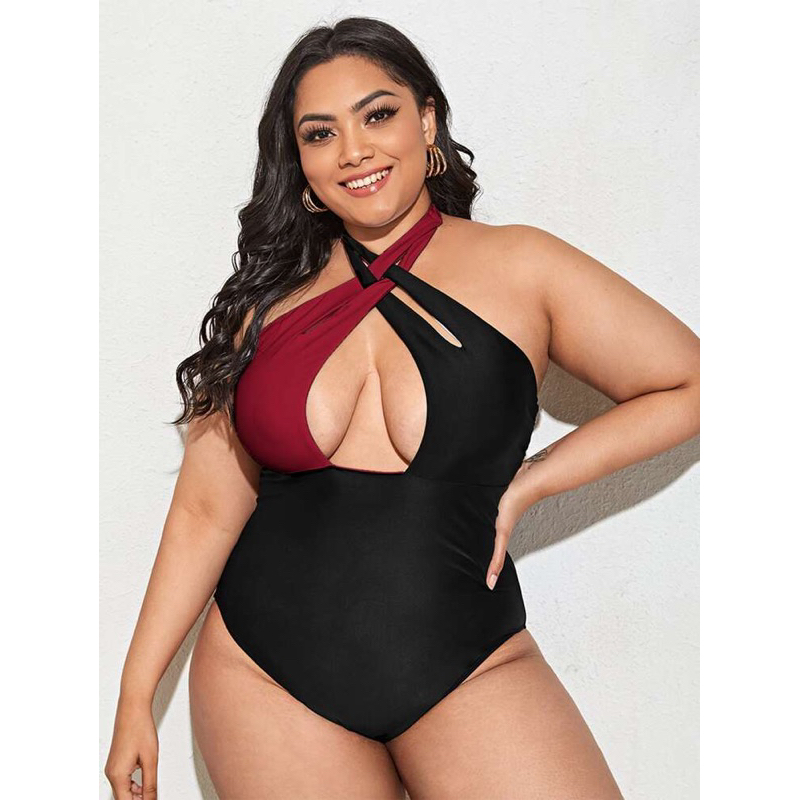 Kissprom Black Plus Size One-Piece Swimsuit – Halter Neck, Hollow Waist Cutout, Open Back