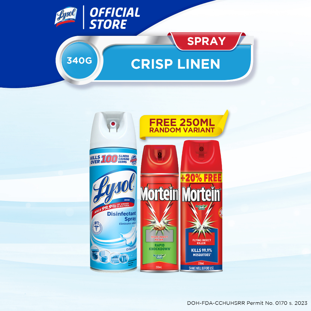 Lysol Disinfectant Crisp Linen 340g With Free Mortein 250ml (Random