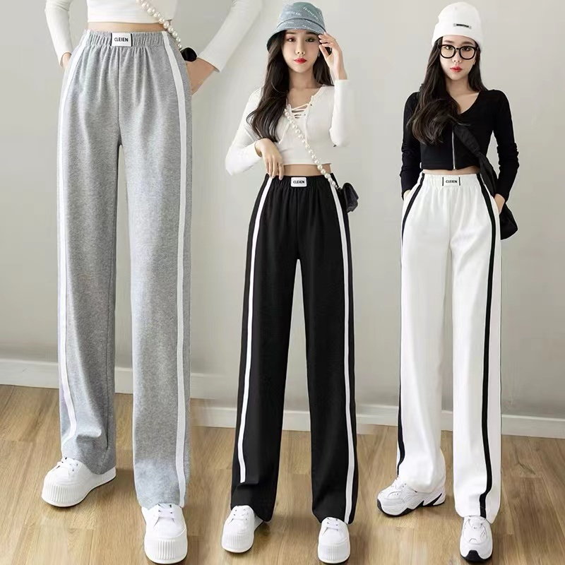 striped casual straight leg sweatpants for women Korean high waist ...