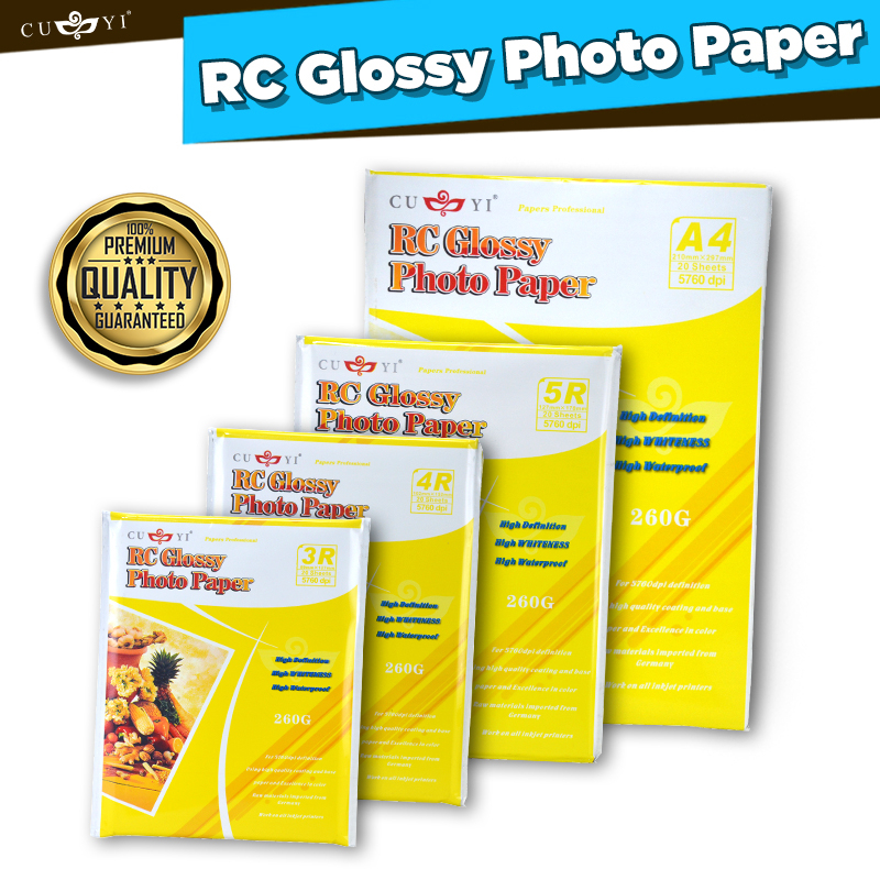CUYI RC High Glossy Photo Paper 260Gsm A4 / 3R / 4R / 5R Size (20