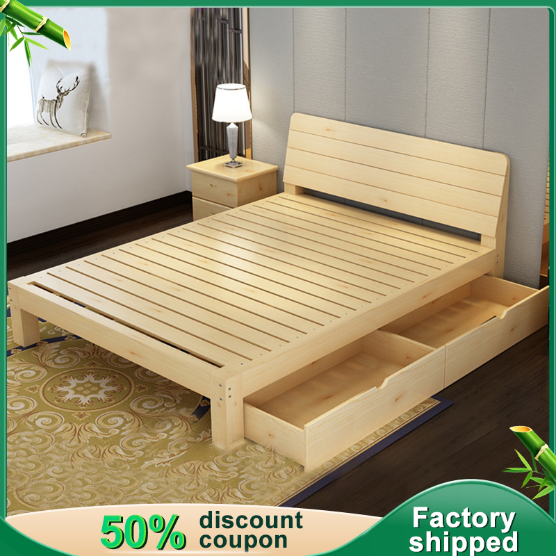 【With Drawers】 Solid Wood Bed With Drawers 180/150 cm Double Wooden Bed