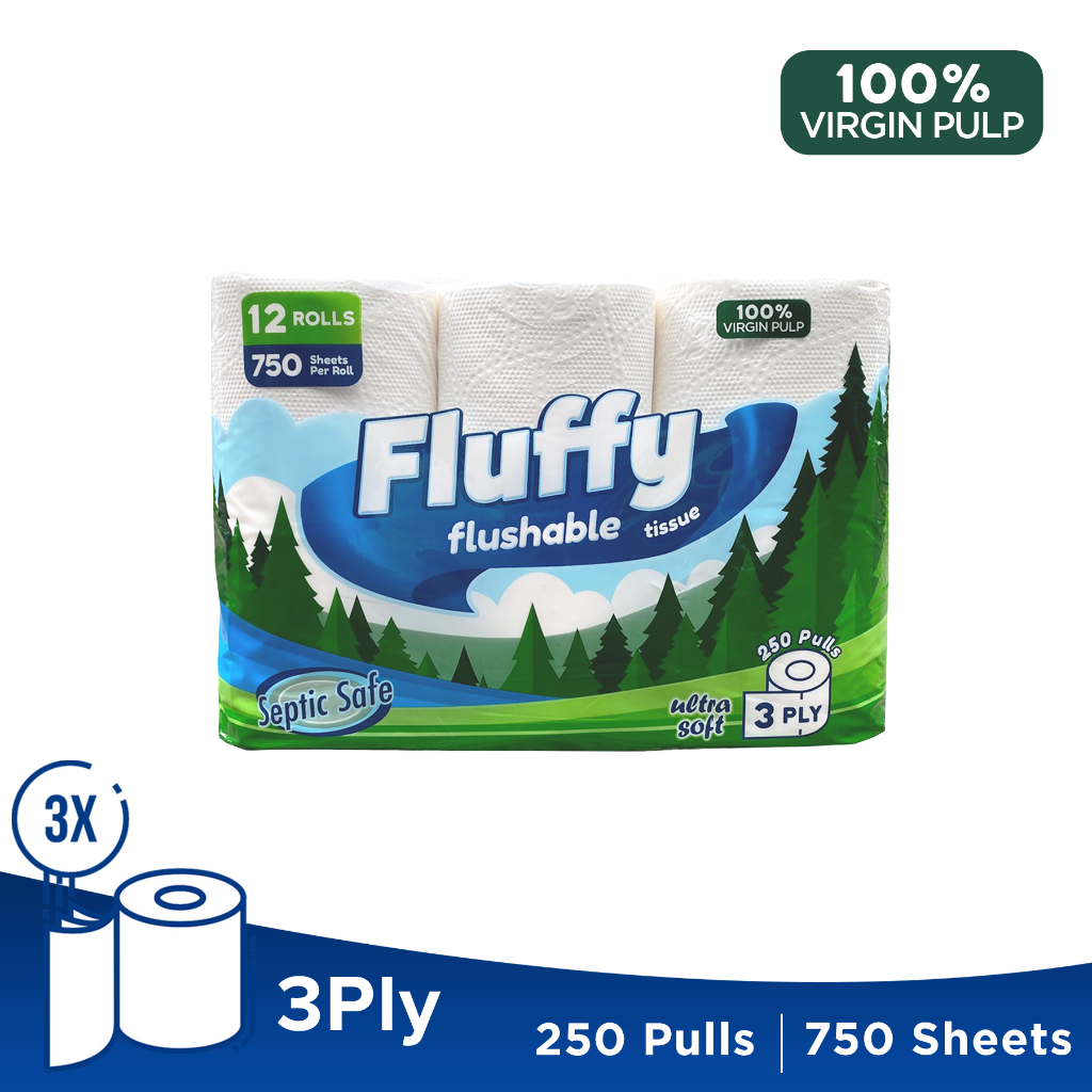 Fluffy Essentials Flushable Tissue 3 ply 250 pulls x 12 Tissue Rolls x