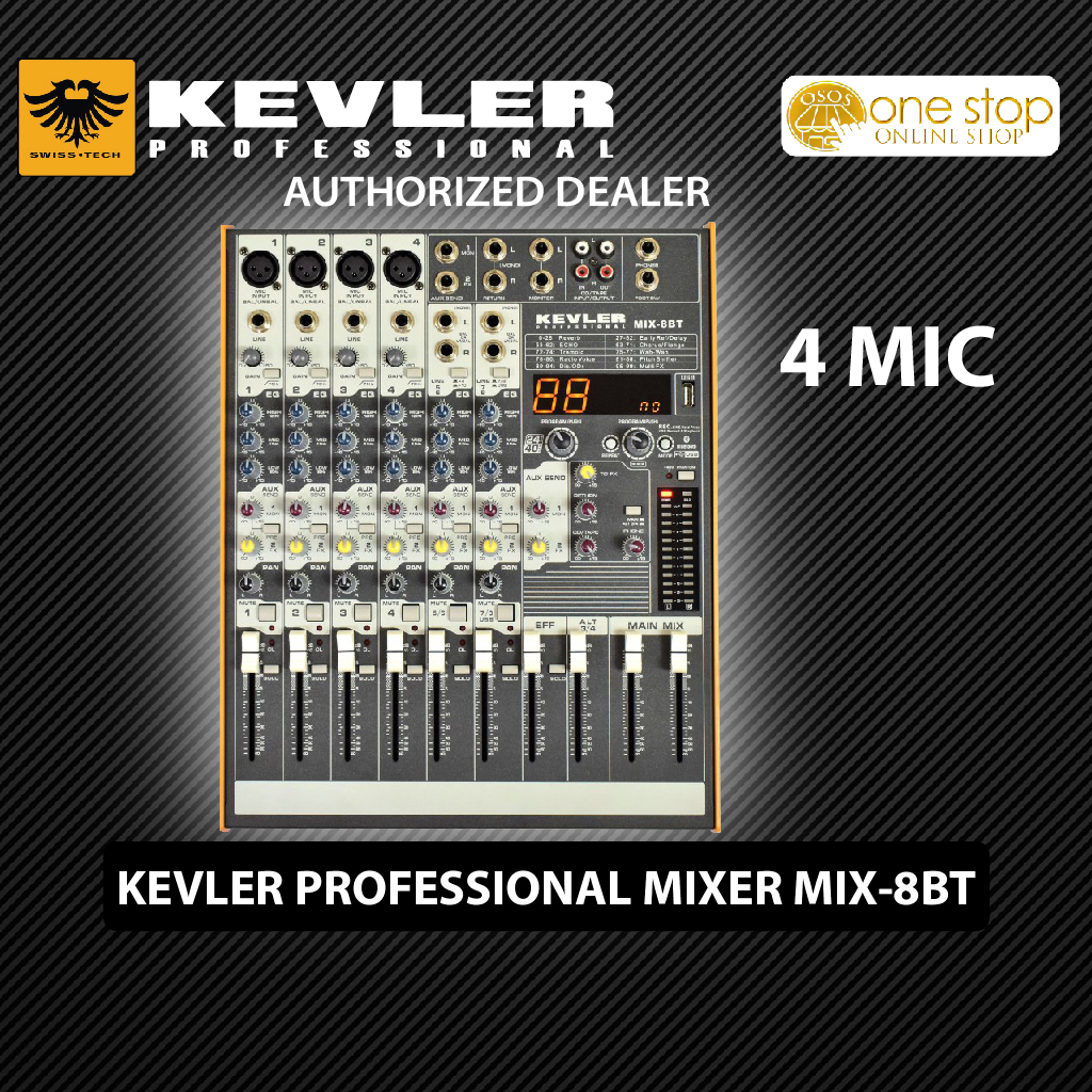 Kevler Professional Mixer MIX8BT 8 CHANNEL 4 MIC / LINE 2 AUX 24 BIT