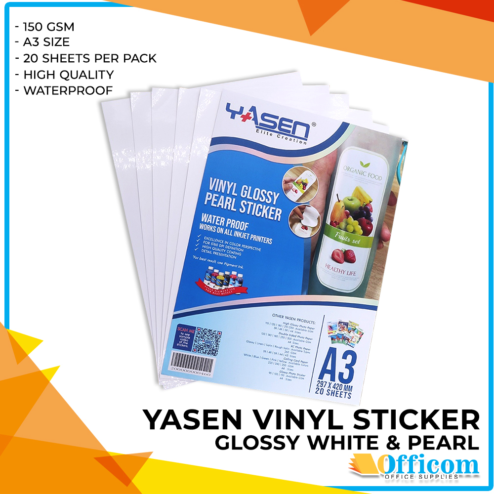 Yasen Glossy White Pearl Vinyl Sticker Paper A3 size 150gsm Waterproof