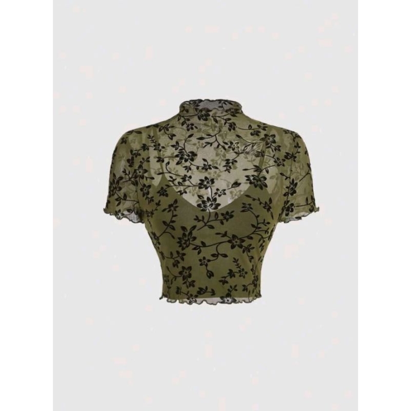 Floral Mesh Crop Top Blouse for Women Mock Neck Lettuce Summer Crop top