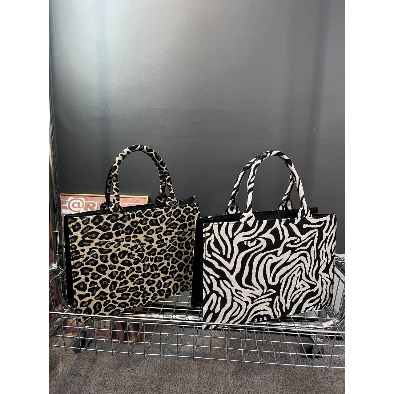 Black tote shop with leopard lining