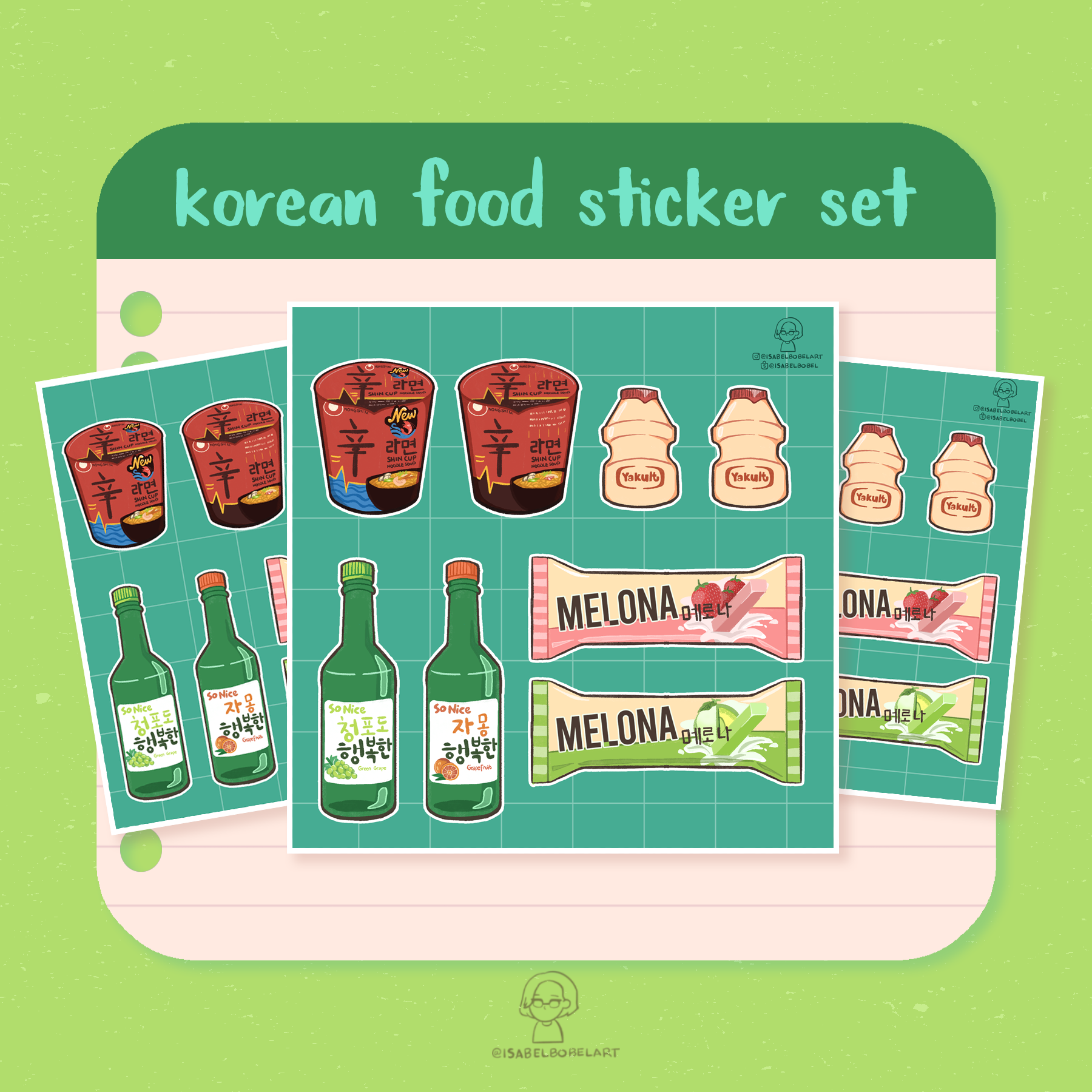 Korean Food Shin Ramyun Melona Soju Yakult Splashproof Kiss Cut Sticker