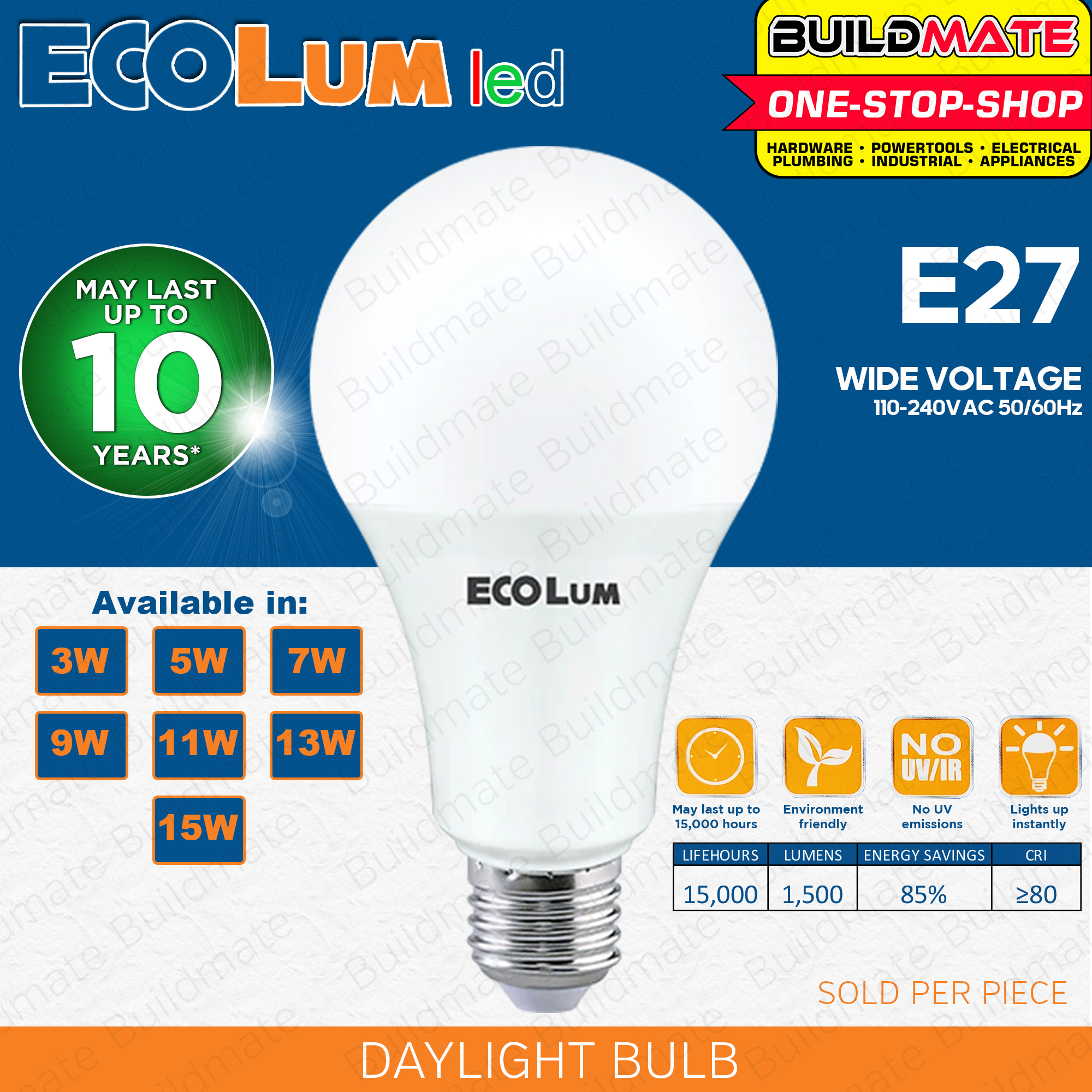 BUILDMATE Ecolum Led Bulb E27 Daylight Premium 3W 15W 6500K LED Light
