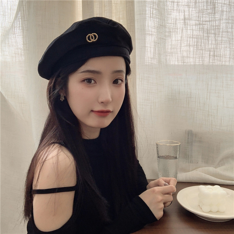 Black Cap Beret Korean Hat For Woman Sweet and Cool Black Beret Women ...