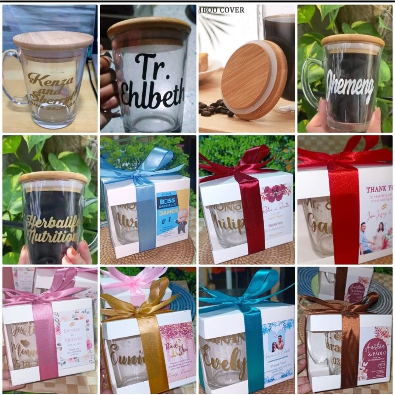 Personalized Clear Mug with Bamboo lid cover +Box+Ribbon+Tag | Shopee ...