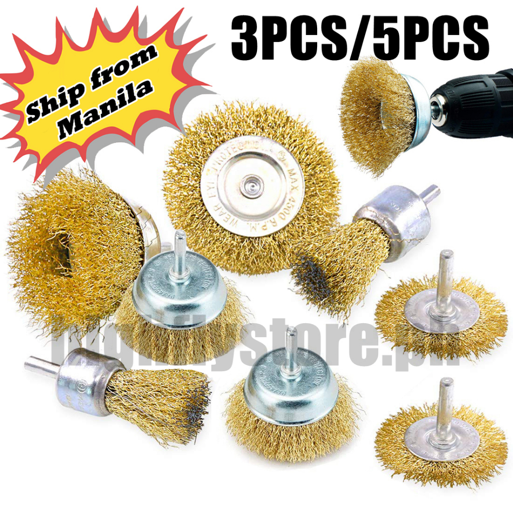 5PCS/3PCS Brass Coated Wire Brush Wheel & Cup Brush Set with 6mm Shank