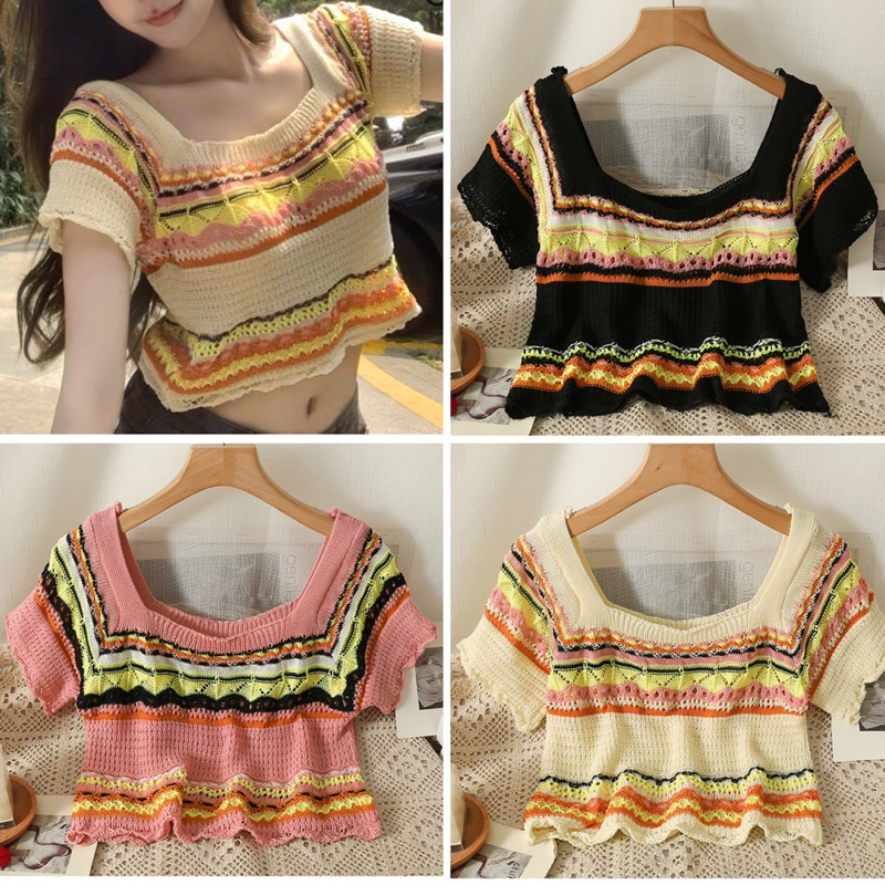 #2236 Korean Colorful Stripe Hollow Crochet Crop Top 3colors | Shopee ...