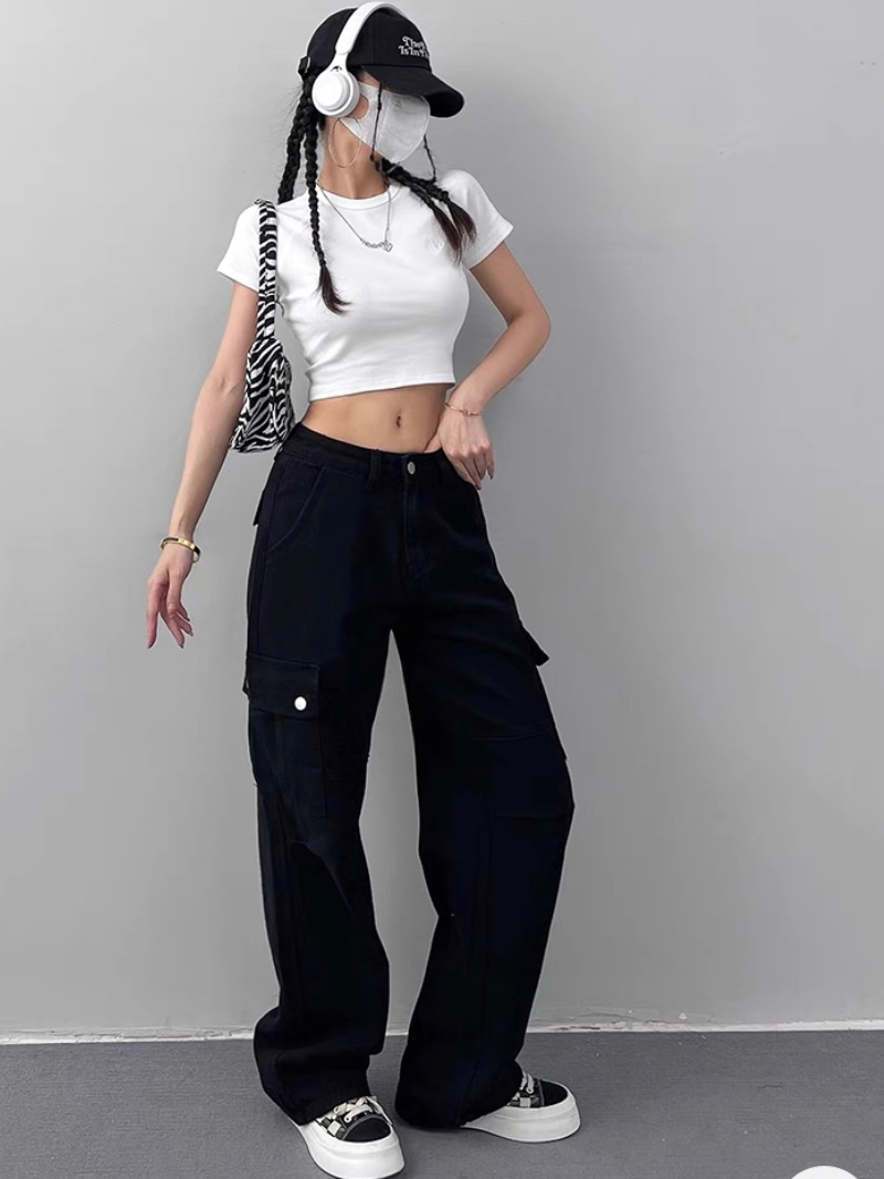 High Waist Fashion Wide Leg 6 Pockets Cargo Baggy Pants For Women *2748 ...