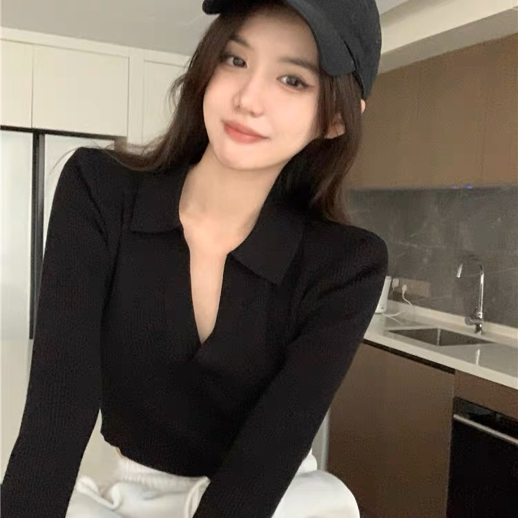 Angelcity Long Sleeve Crop Top With Collar V Neck Korean Fashion Shopee Philippines