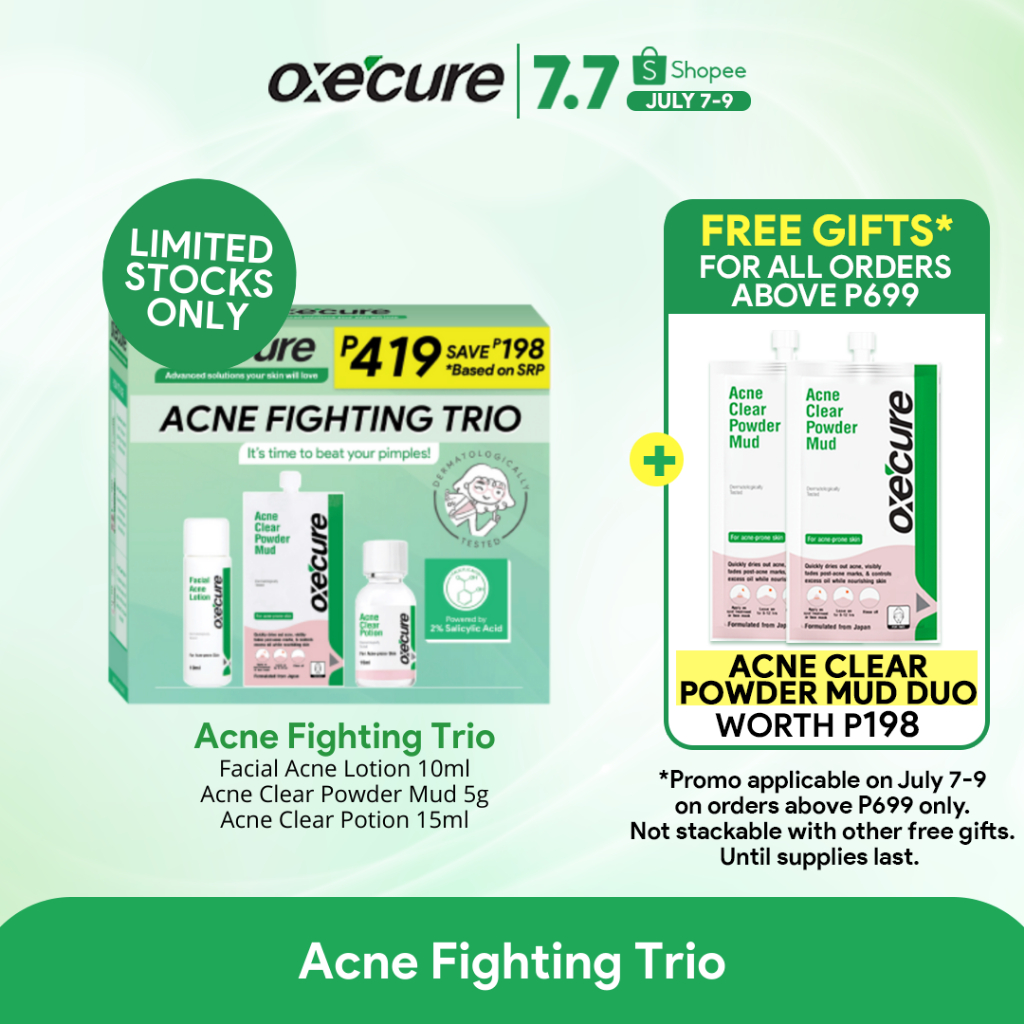 OXECURE Acne Fighting Trio (Facial Acne Lotion 10ml, Powder Mud 5g