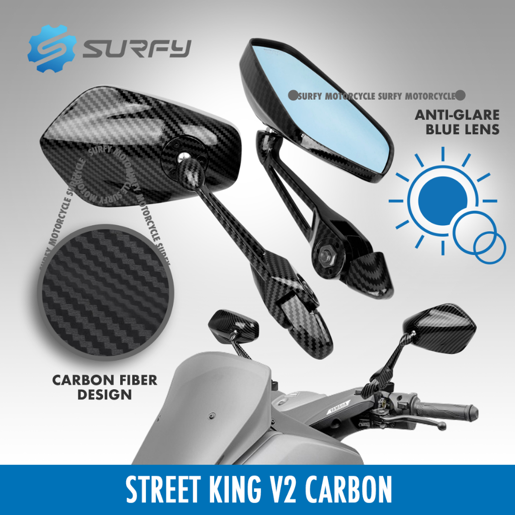 Street King Side Mirror v2 AntiGlare Blue Lens Carbon Fiber Design CNC Alloy Universal Surfy