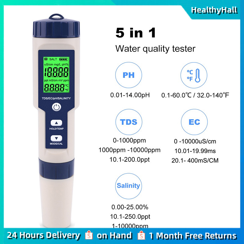 5 In 1 PH Meter Water Quality Tester PH/EC/TDS/Salinity/TEMP Digital ...