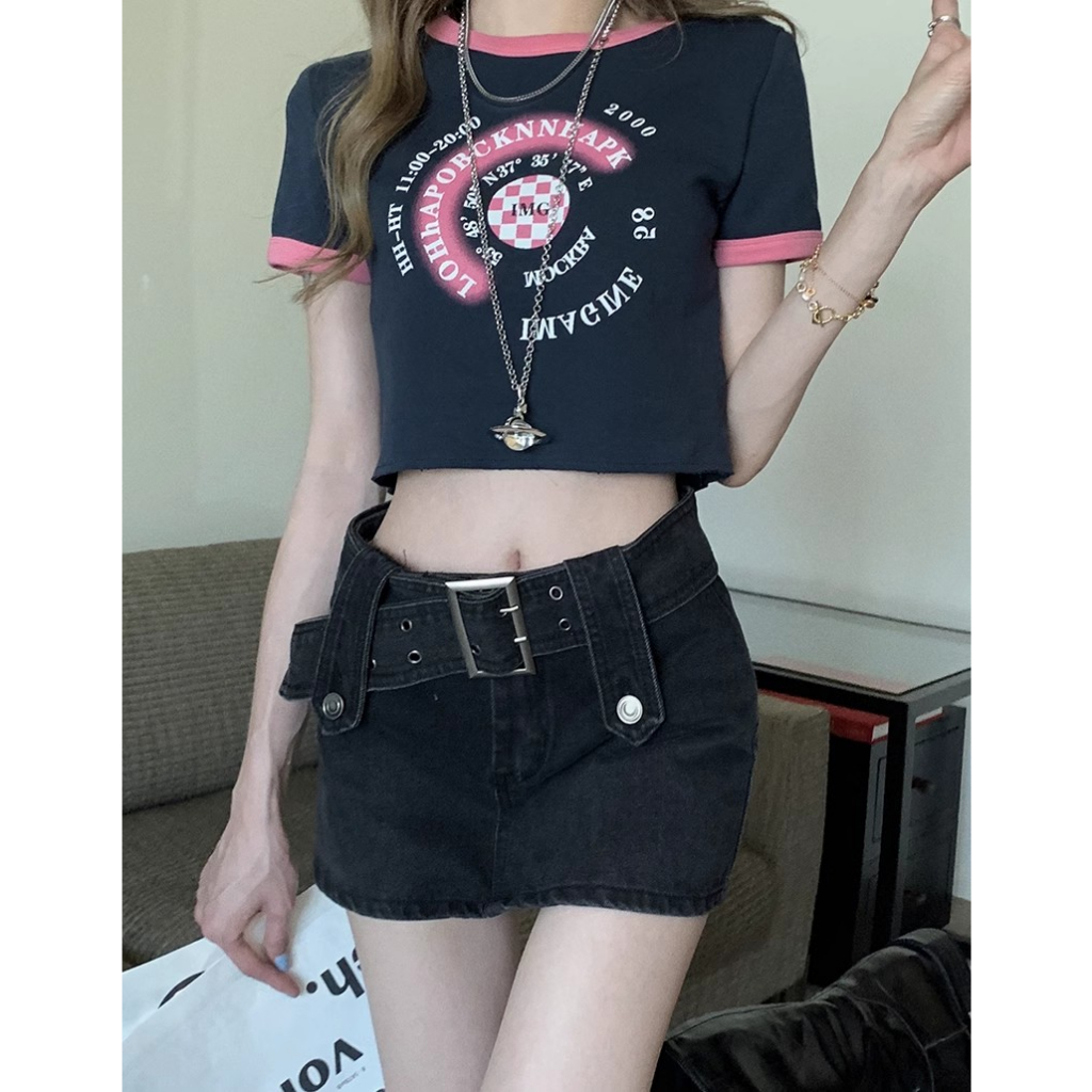 Personality Short Cropped Outfit Slimming Denim Top Hip Wrapped Skirt Diamond Embedded Denim Suit Women main image 1