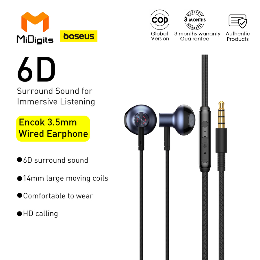 Baseus Wired Earphones H19 6D Stereo Bass Headphone InEar 3.5mm