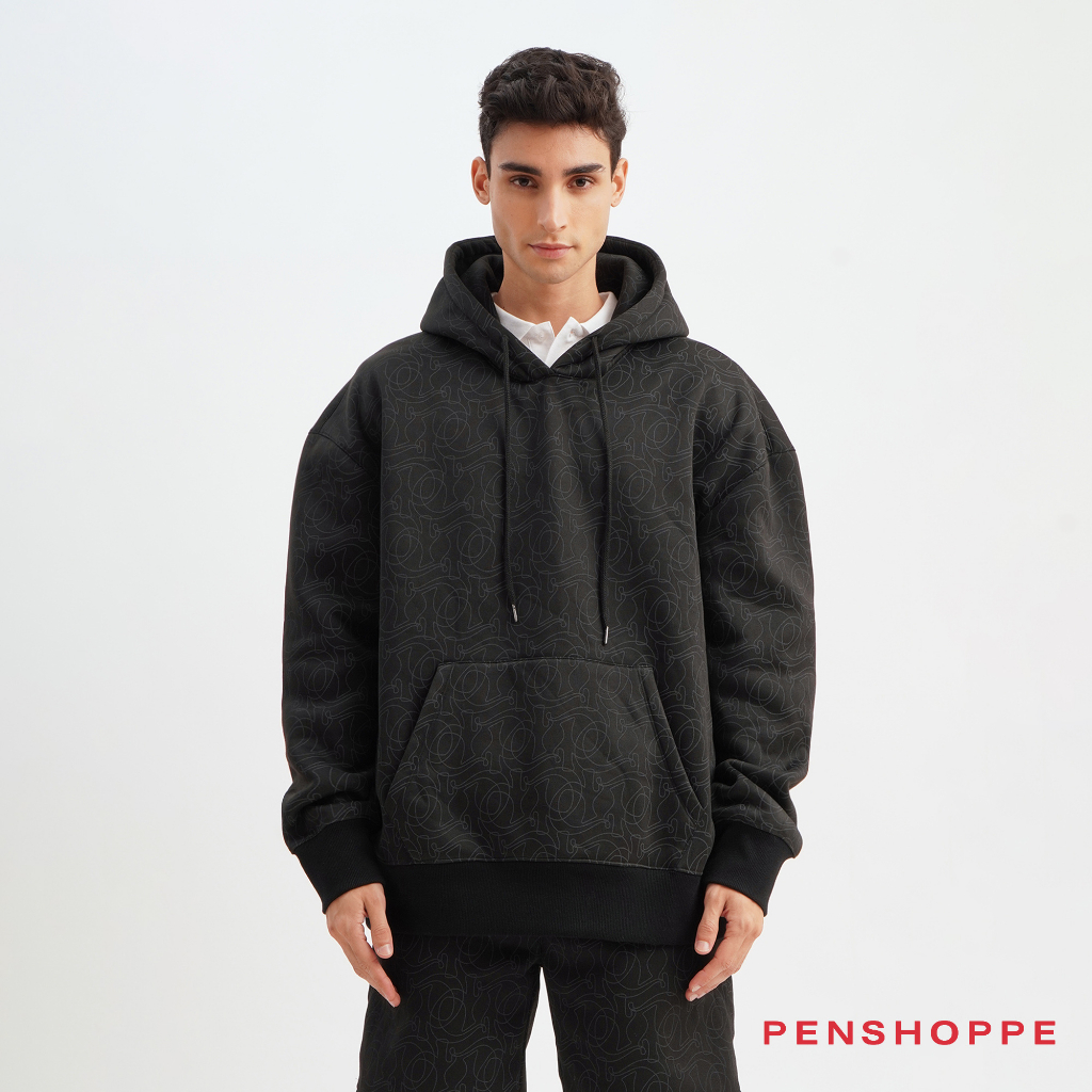 Penshoppe Oversized Fit Hoodie With All Over Print For Men (Black ...
