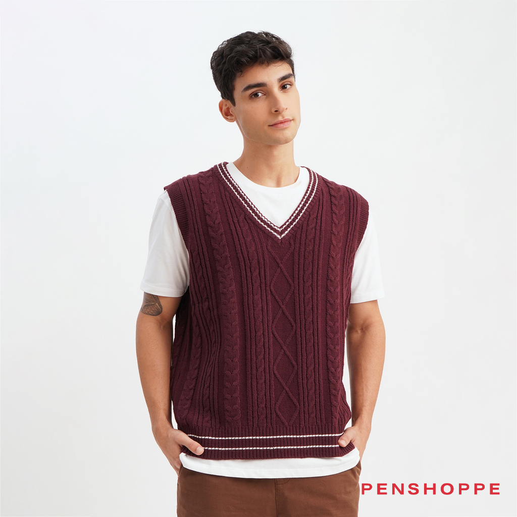 Penshoppe Cable Knit Vest For Men (Maroon) | Shopee Philippines