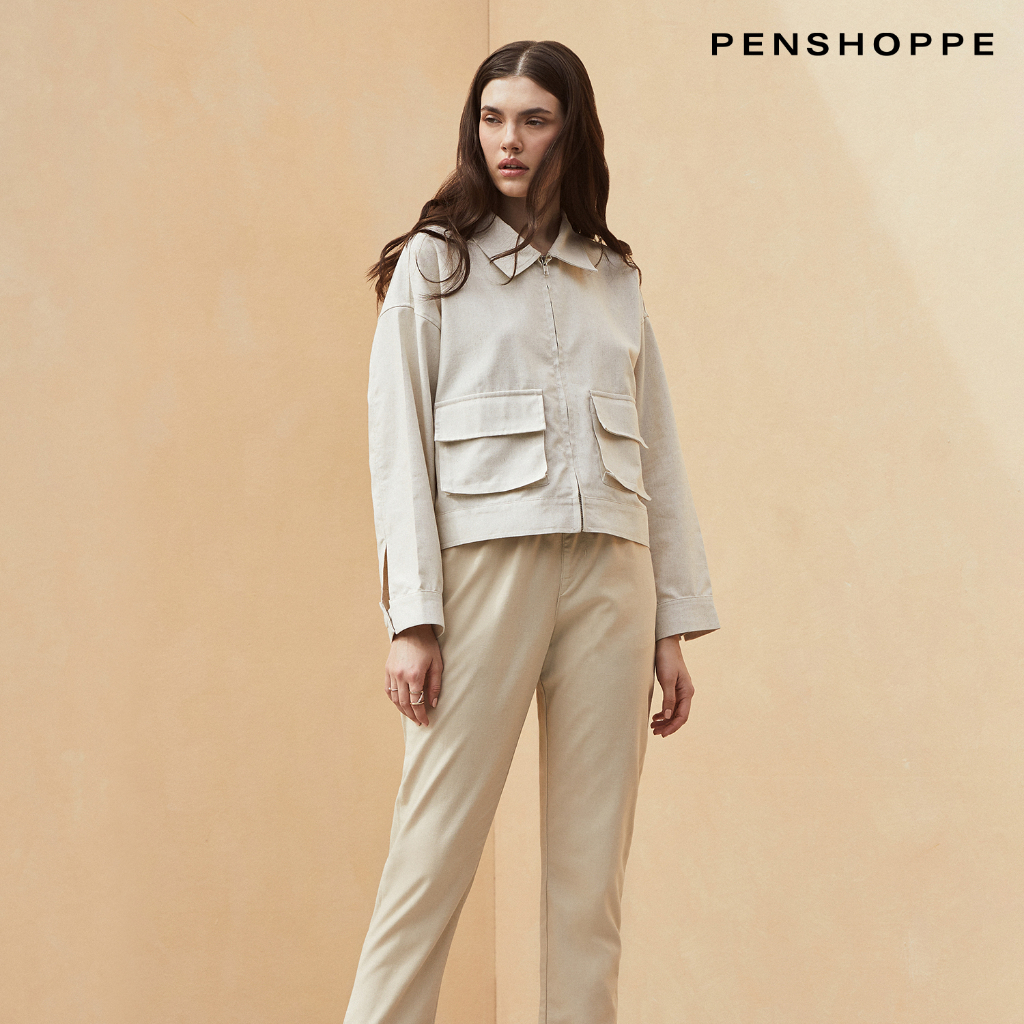 Penshoppe Relaxed Fit Collared Zip-Up Jacket For Women (Off White ...