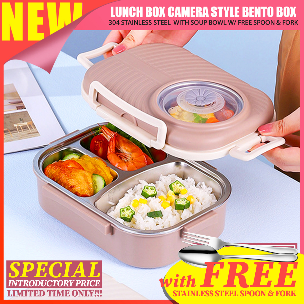 304 Stainless Steel Camera Style Bento Lunch Box 3 Divider microwavable ...