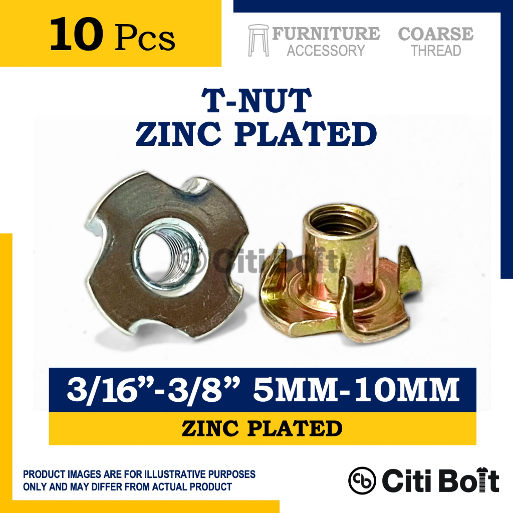 10pc TNut Zinc Plated / Tee Nut Inserts for Wood ( 3/16 1/4 5/16 3/8