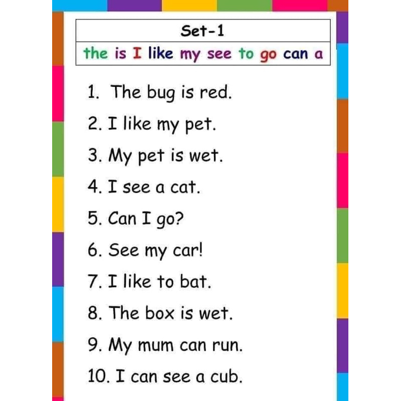 LAMINATED A4 SIZE READING SENTENCES FOR KIDS (Teacher Jhelou) Shopee
