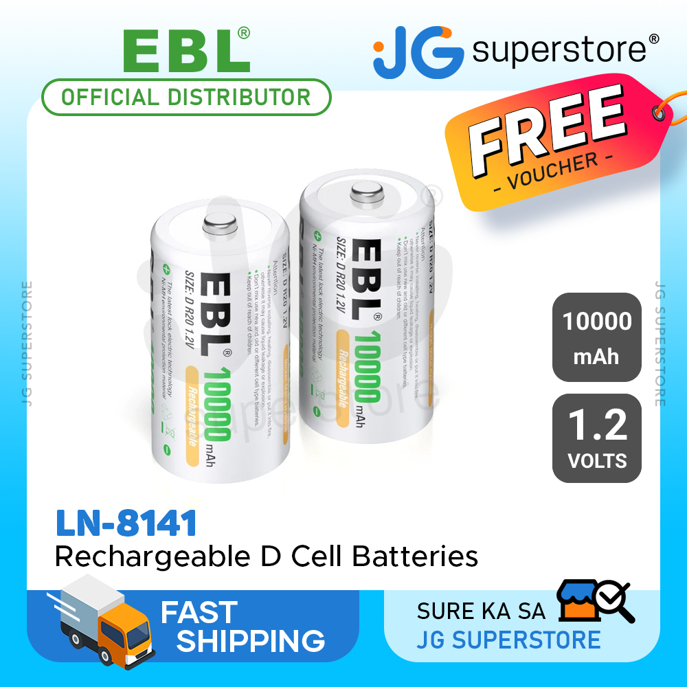 EBL LN-8141 1.2V D Cell 10000mAh Rechargeable NiMH Battery (Pack of 2) with  Included Storage Case