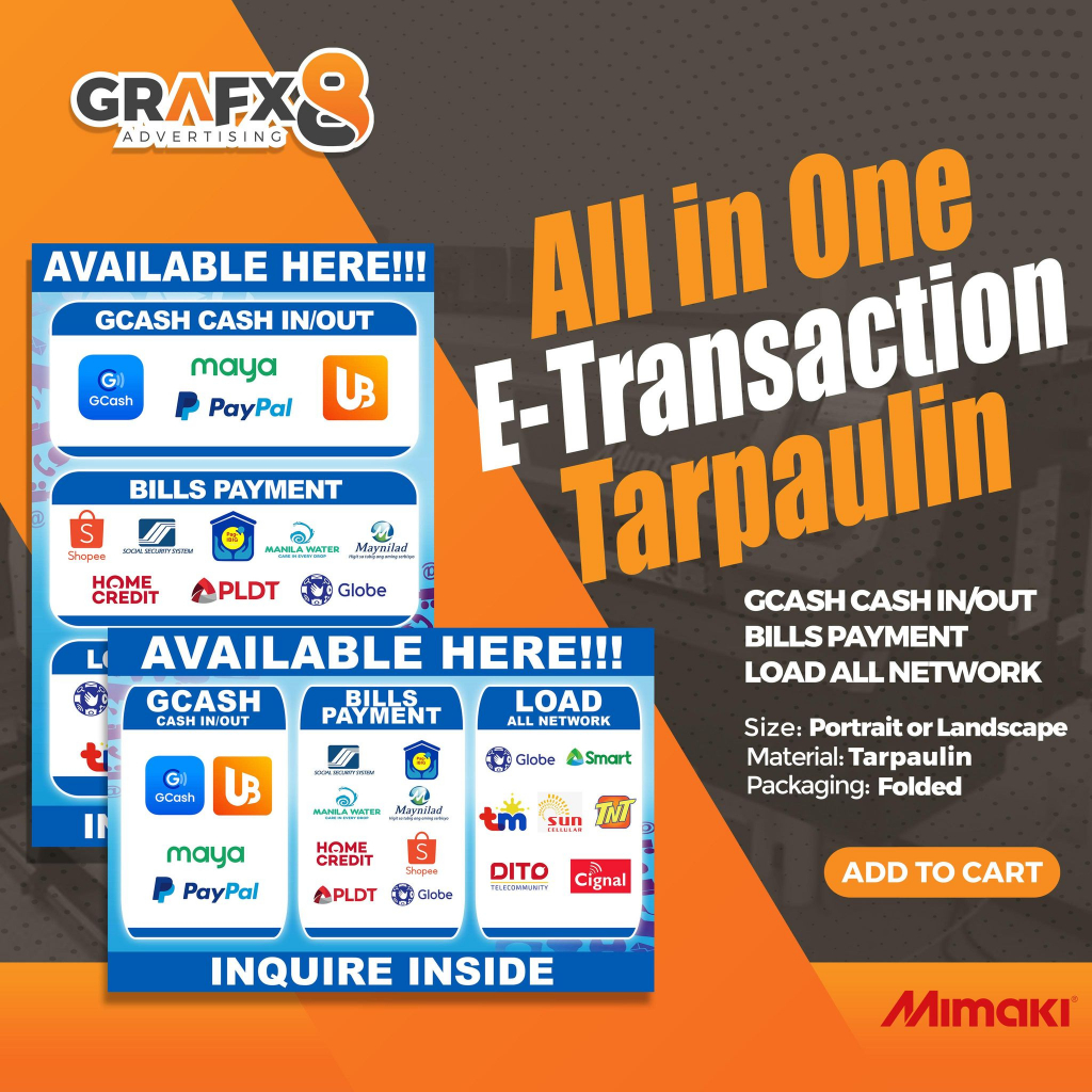 ALL IN ONE E-TRANSACTION TARPAULIN | GCASH CASH IN CASH OUT | BILLS ...