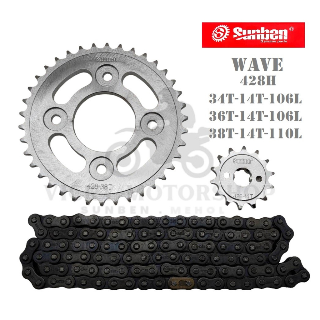 SUNBEN SPROCKET AND CHAIN SET XRM/WAVE125 34T 36T 38T 428H Shopee