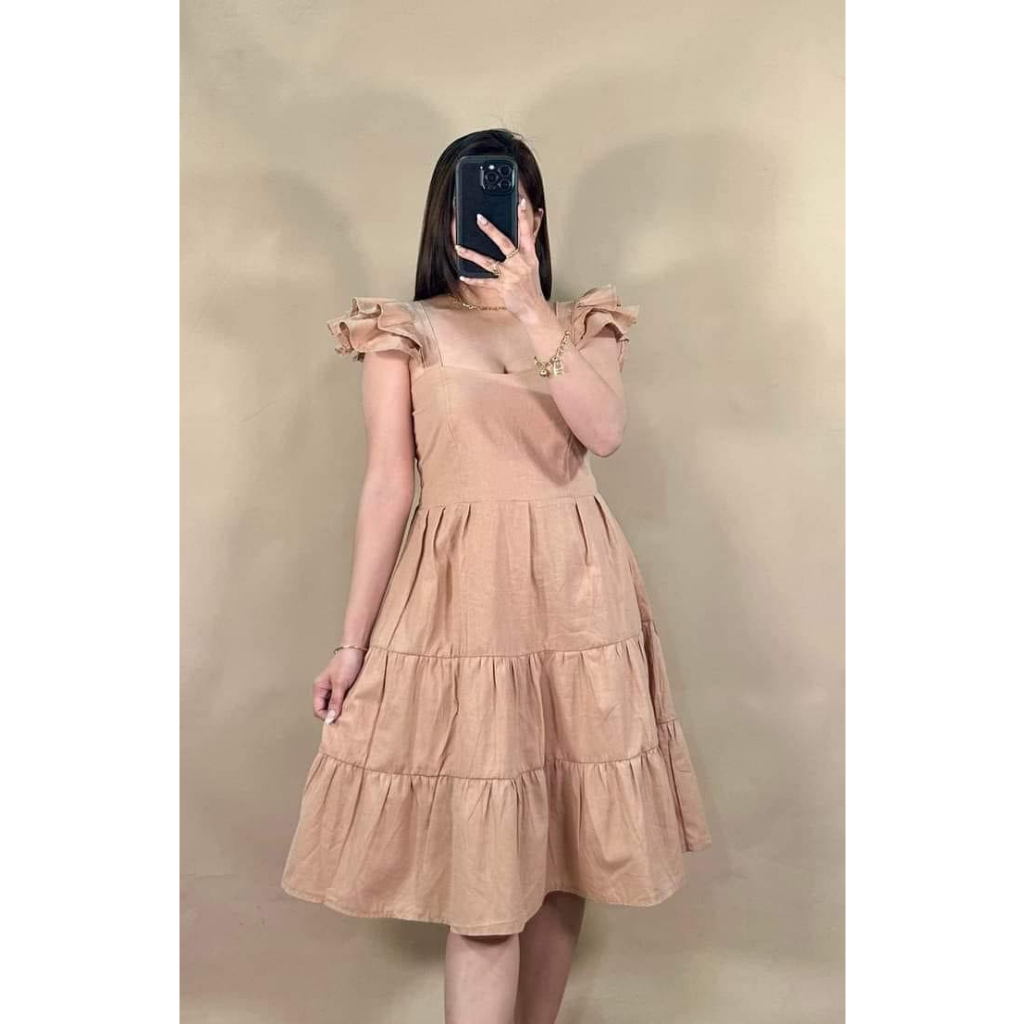 Cotton Line Ruffles Strap Dress Garterized back(AVA) | Shopee Philippines