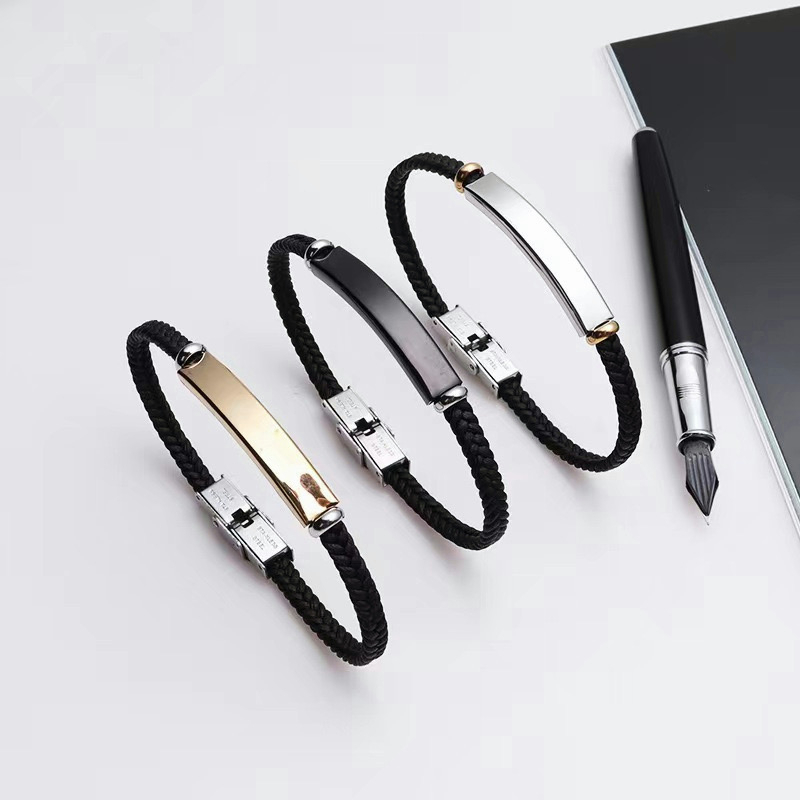 Personalized FREE Engrave ID Black Braid Rope Bracelet for Women Men ...