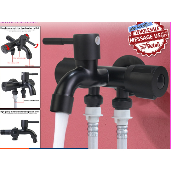 Black 304 Stainless Steel 1 In 3 Out Two Way Water Tap Washing Machine
