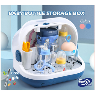 Infant Milk Bottle Storage Box With Lid And Dust-proof Water Cup Drain Rack,  Baby Bowl & Cutlery Organizer Plastic Container