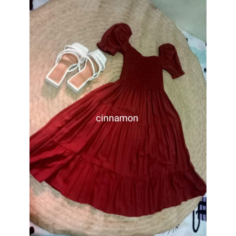 Slit Smocked Mock Neck Puff Sleeve Midi Dress