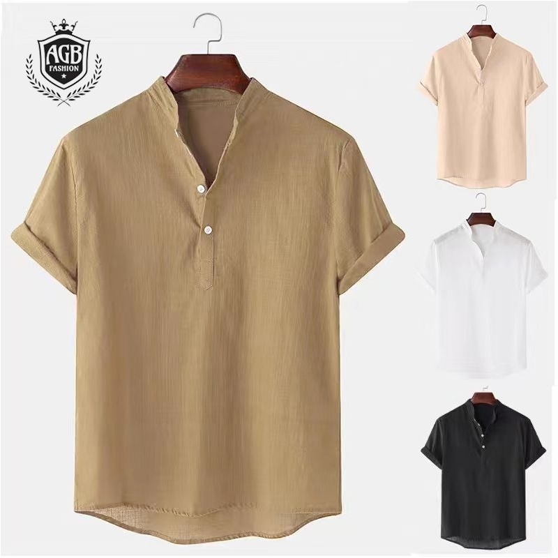 Hashtag men's cotton hemp shortsleeved shirt Chinese collar casual
