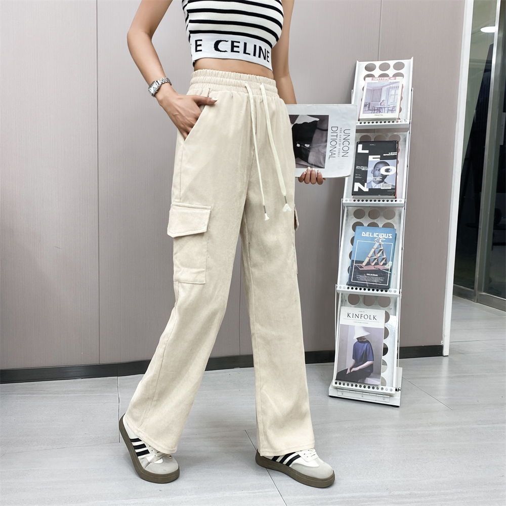 Casual Corduroy Elastic Waist Cargo Pants for Women High waist Baggy ...