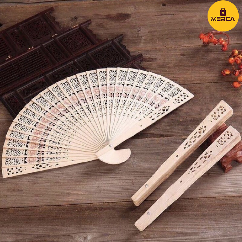 Merca Vintage Folding Bamboo fan Original Wooden Carved Hand Fan for