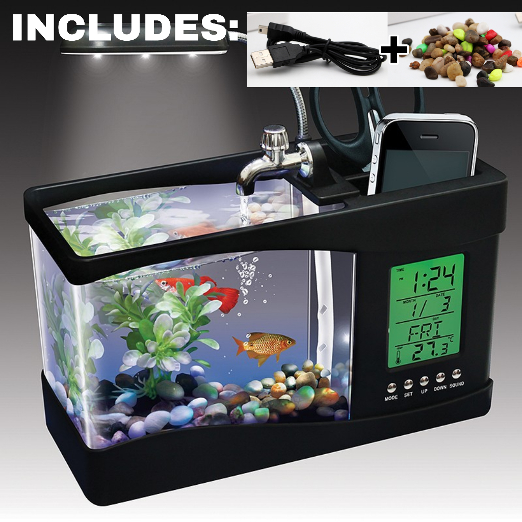 Mini Fish Tank Temp Aquarium Pebbles USB Desktop LCD Timer Clock LED Lamp  Light