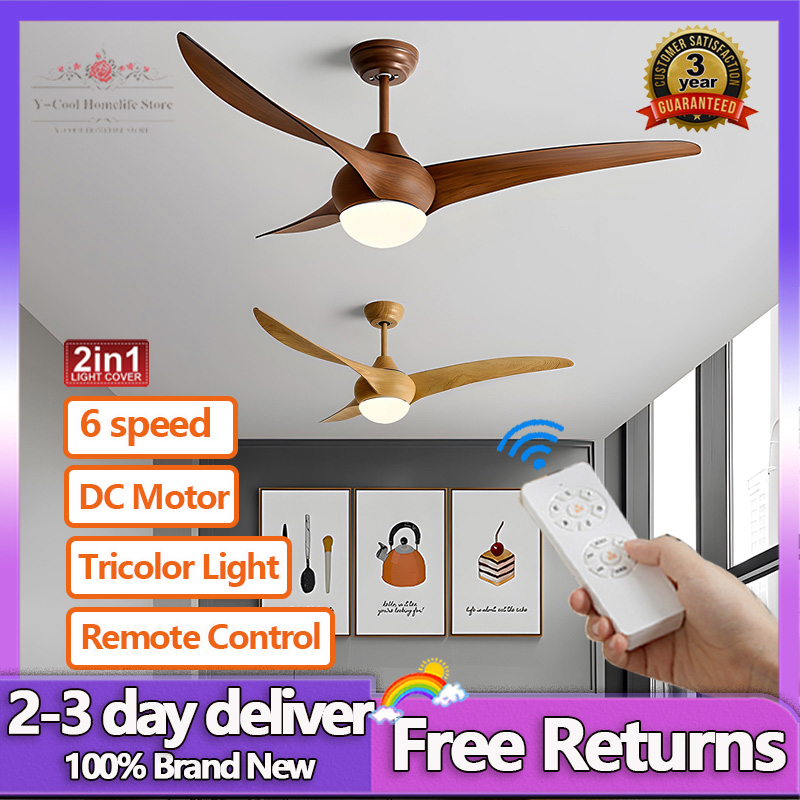 52Inch Wood Ceiling Fan with Light 3 colors DC Motor Remote Chandelier Industrial Electric Fans
