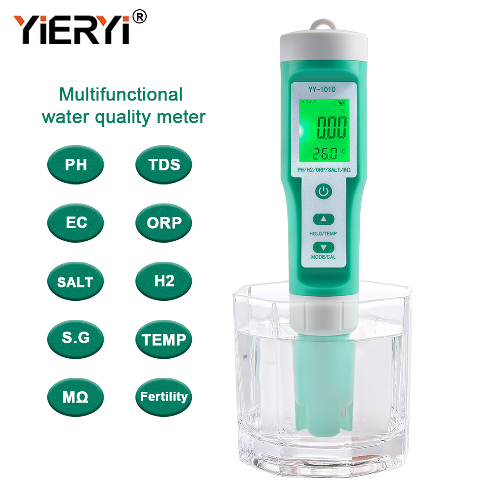10 in 1 Water Quality Meter pH/TDS/EC/ORP/SALT/H2/S.G/TEMP/ΜΩ/Fertility