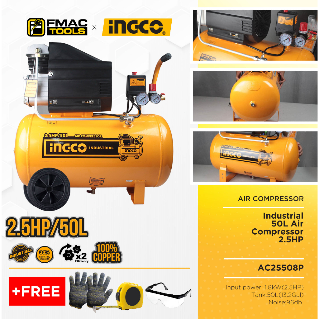 INGCO Industrial 50L Air Compressor 2.5HP AC25508P + FREEBIES FMAC ...