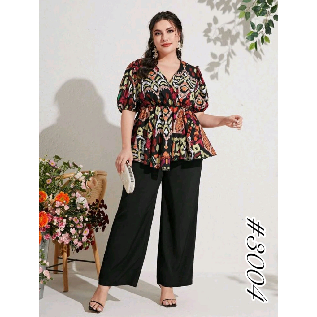 FF Plus Size Terno Allover Print Puff Sleeve Peplm Blouse & Wide Leg ...