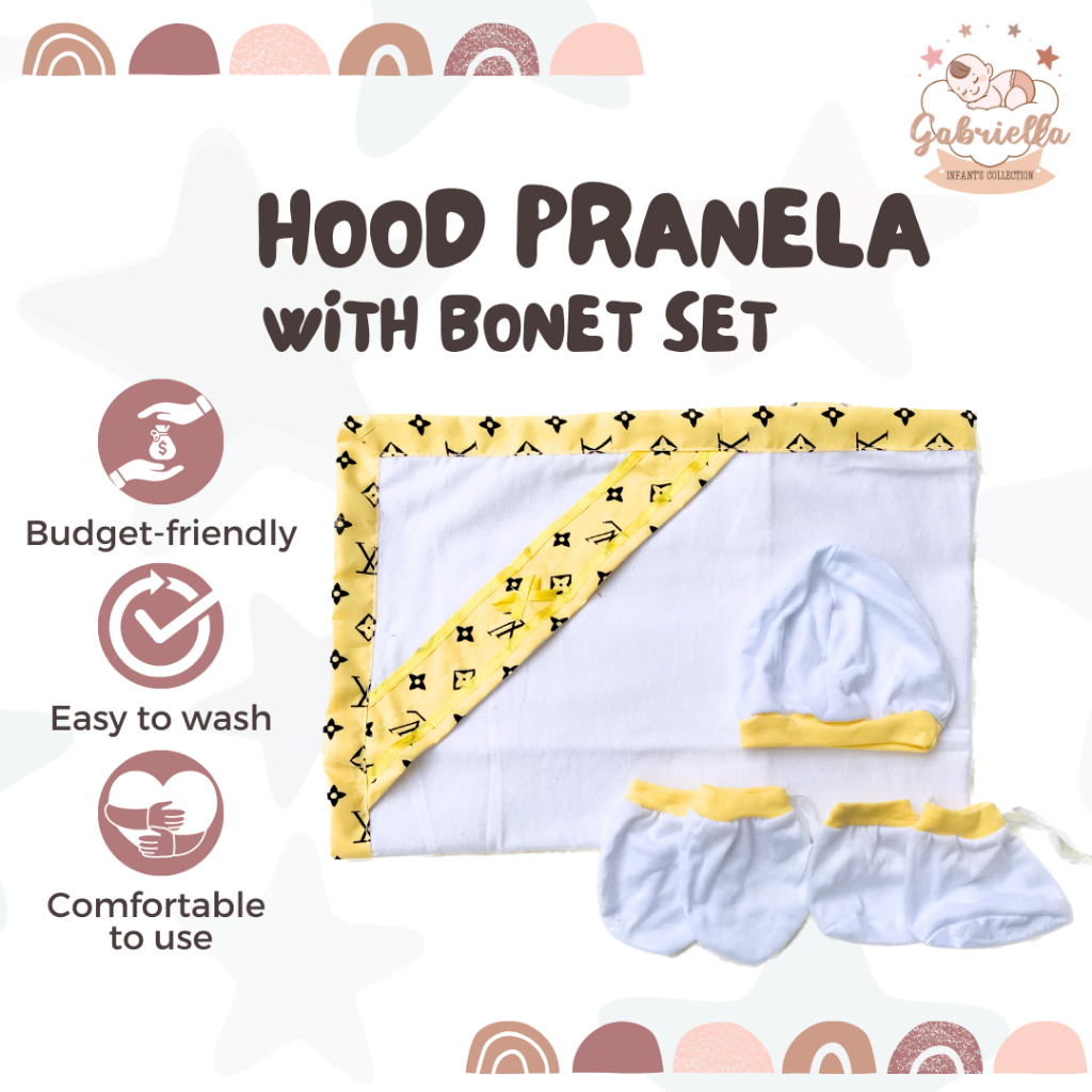 Hood Pranela Receiving Blanket with 3in1 Bonet Mittens Booties Set