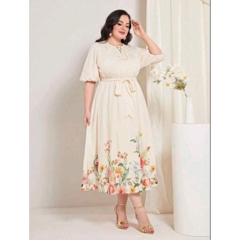 WLS Elastic Waist Plus Size Floral Puff Sleeve Maxi Dress | Shopee