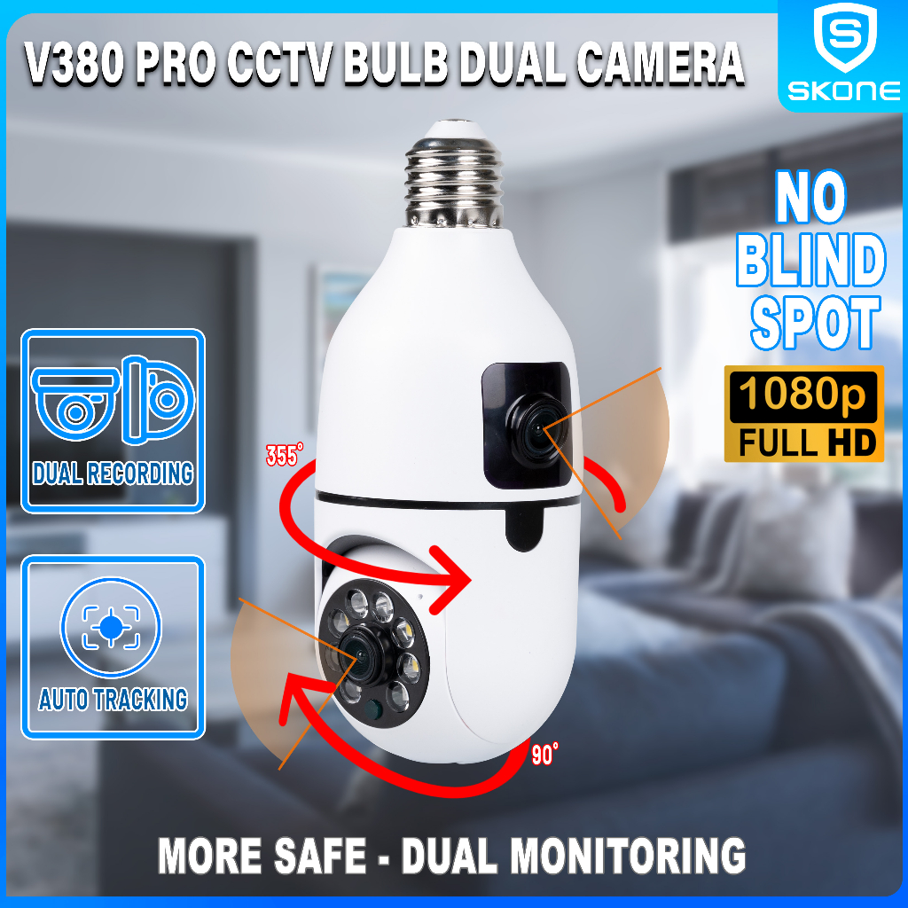 V380 Pro Q19 Plus CCTV Bulb Camera Dual Lens PTZ HD 1080P Siren Alarm