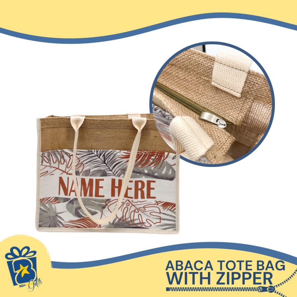 WITH ZIPPER Abaca Jute Burlap Tote Bag Personalized Benstar Gifts